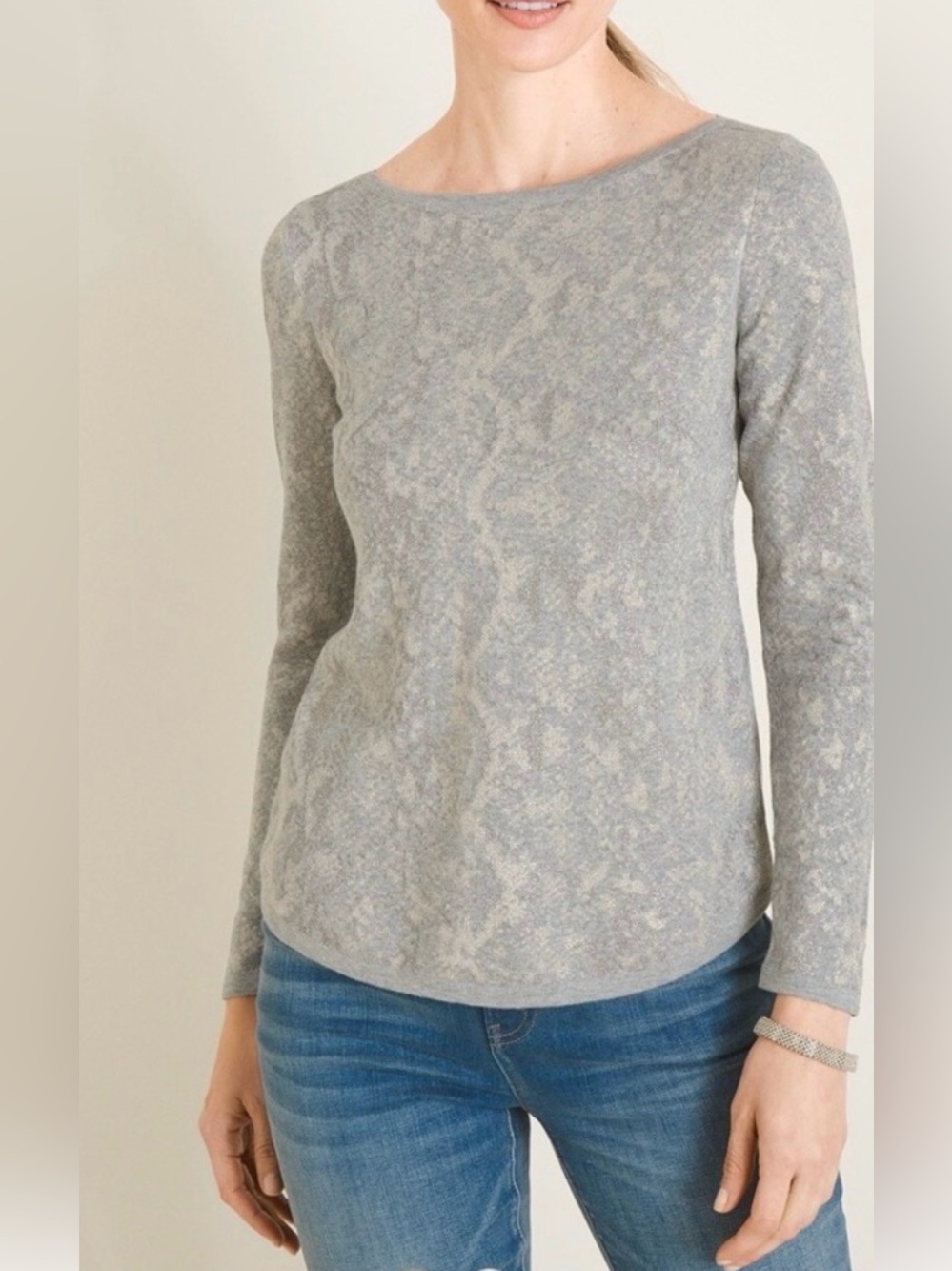 Chicos Sweater Womens Gray Metallic Muted Floral Abstract Casual Knit size S